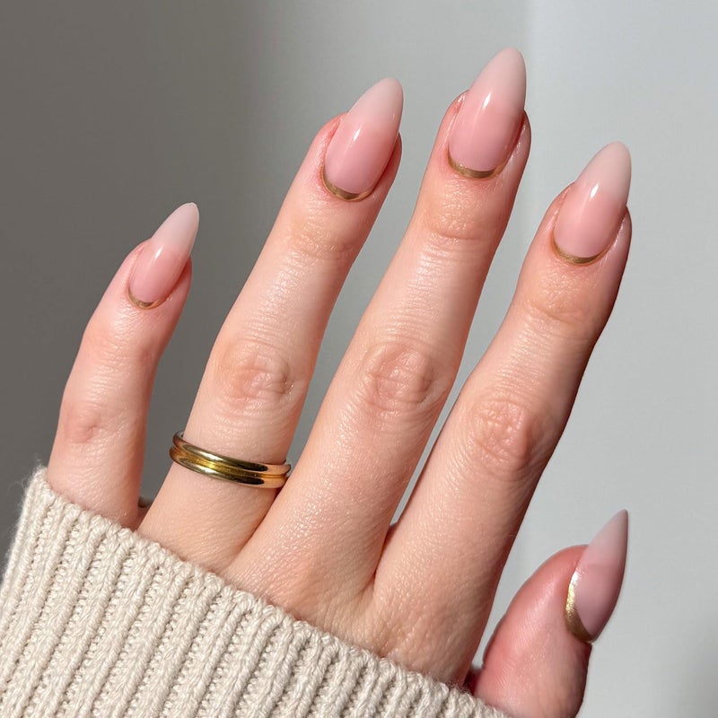Glamnetic Press On Nails  Goal Getter  Medium Almond Fake Nails and Neutral Gold Reverse French Tip Salon Quality  15 Sizes  30 Nail Kit Wtih Glue